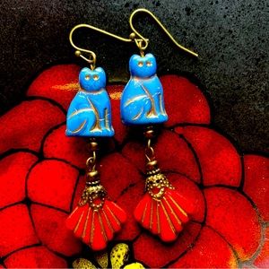 Czech Glass Cat & Lotus drop earrings, Blue Lapis & Carnelian, Egyptian Revival